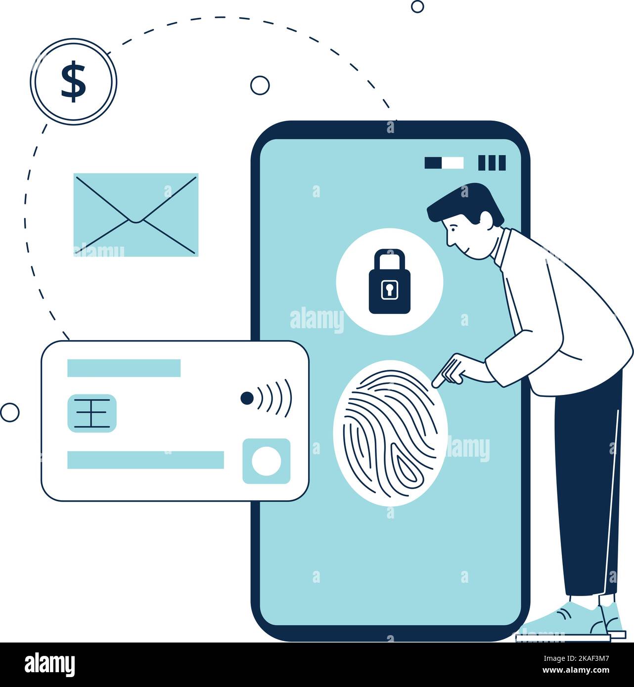Man with smartphone protected with fingerprint lock. Cyber security Stock Vector