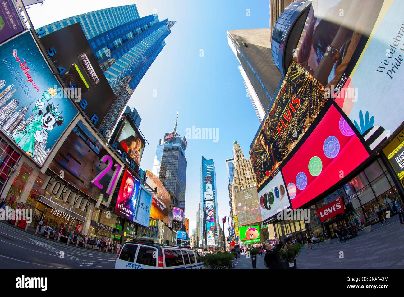 A fisheye wide-angle view of New York City with high skyscrapers in ...