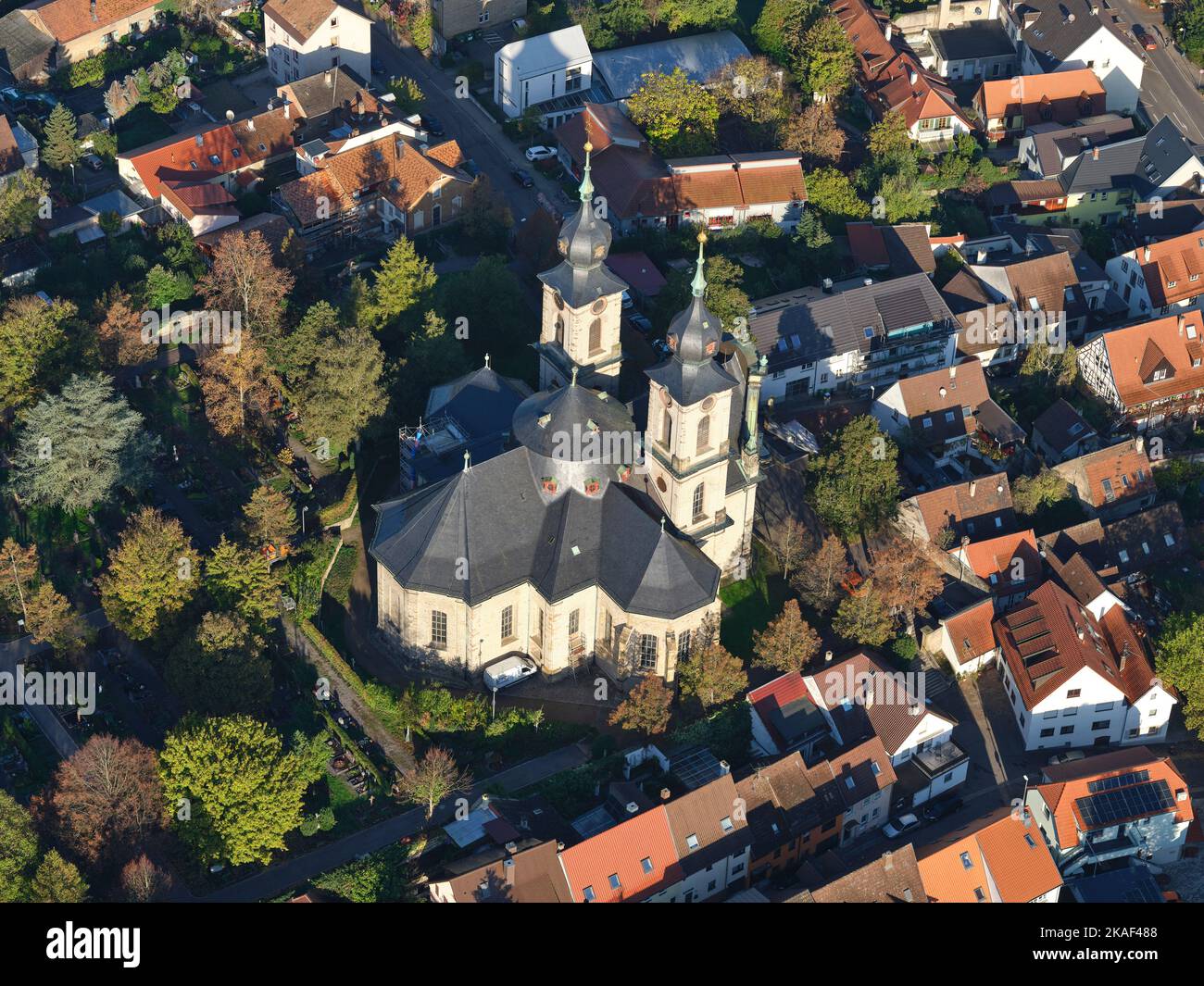 AERIAL VIEW. St. Peter Church. Bruchsal, Baden-Württemberg, Germany. Stock Photo