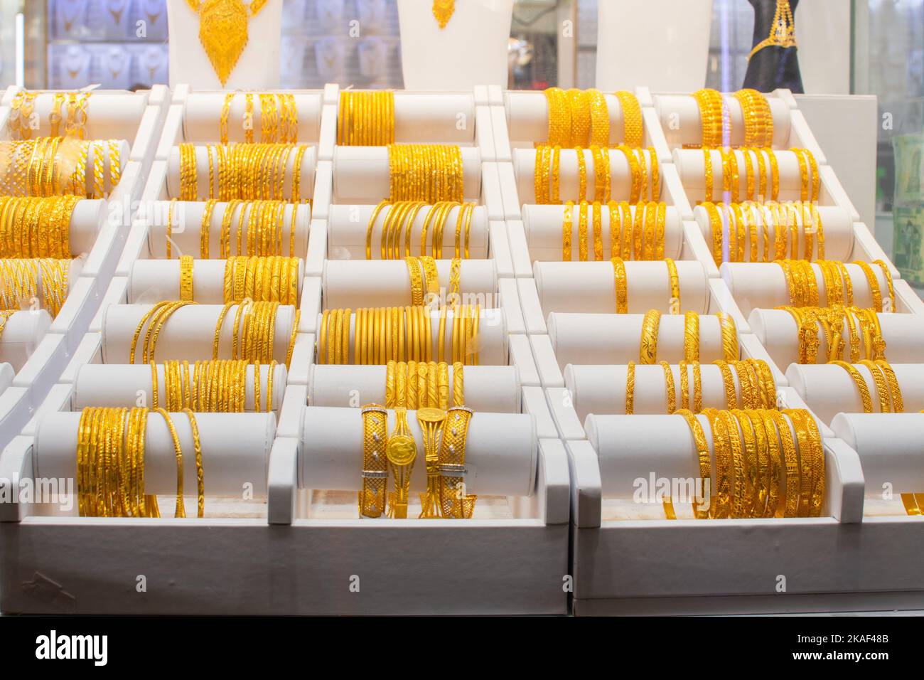 Dubai, UAE 12th october, 2022 various golden bracelets in old gold souk in old Dubai Stock