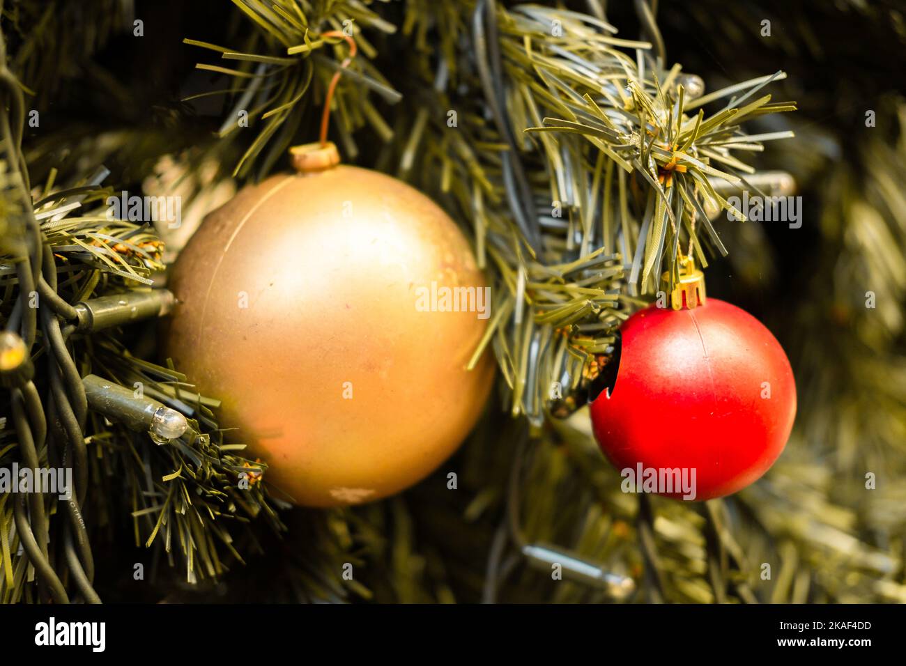Close-up horizontal photo of a decorated Christmas tree with Christmas balls Stock Photo