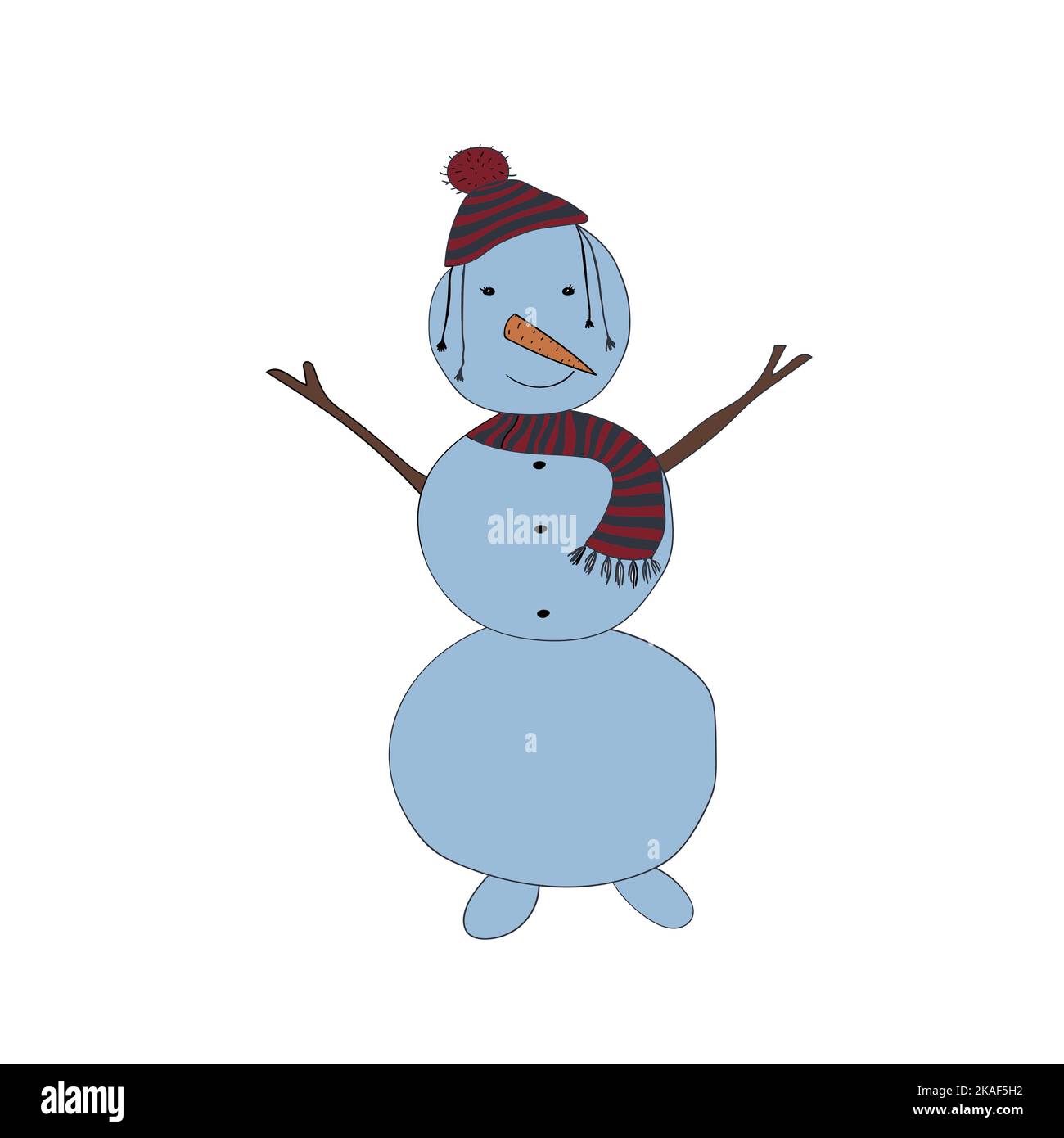 Cute snowman in scarf and cap on white background. Funny cartoon character for winter design. Vector illustration. Stock Vector