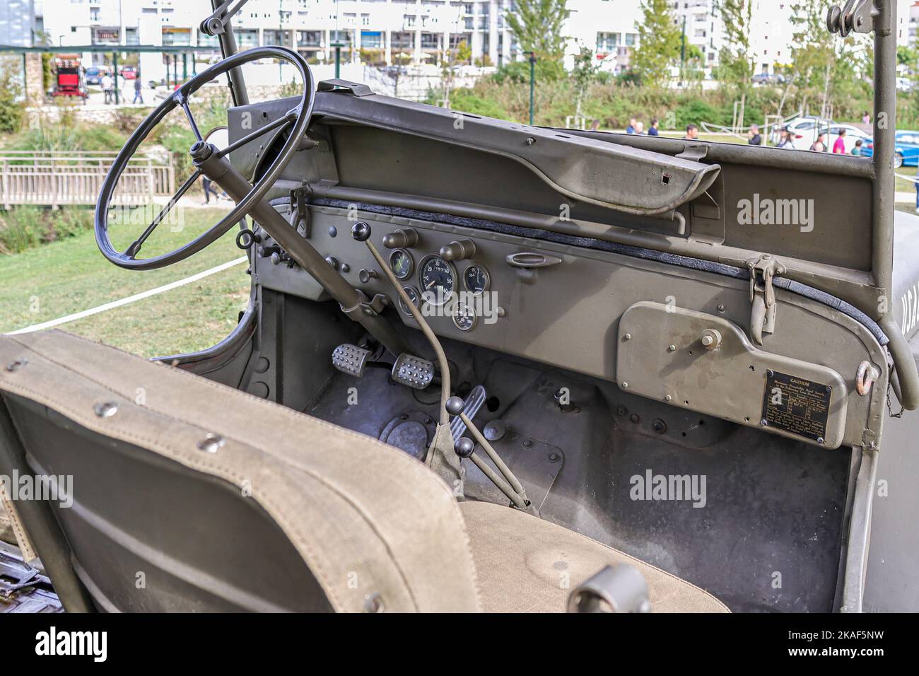 The interior of empty Jeep Willys MB USA military 63147 in a park Stock Photo