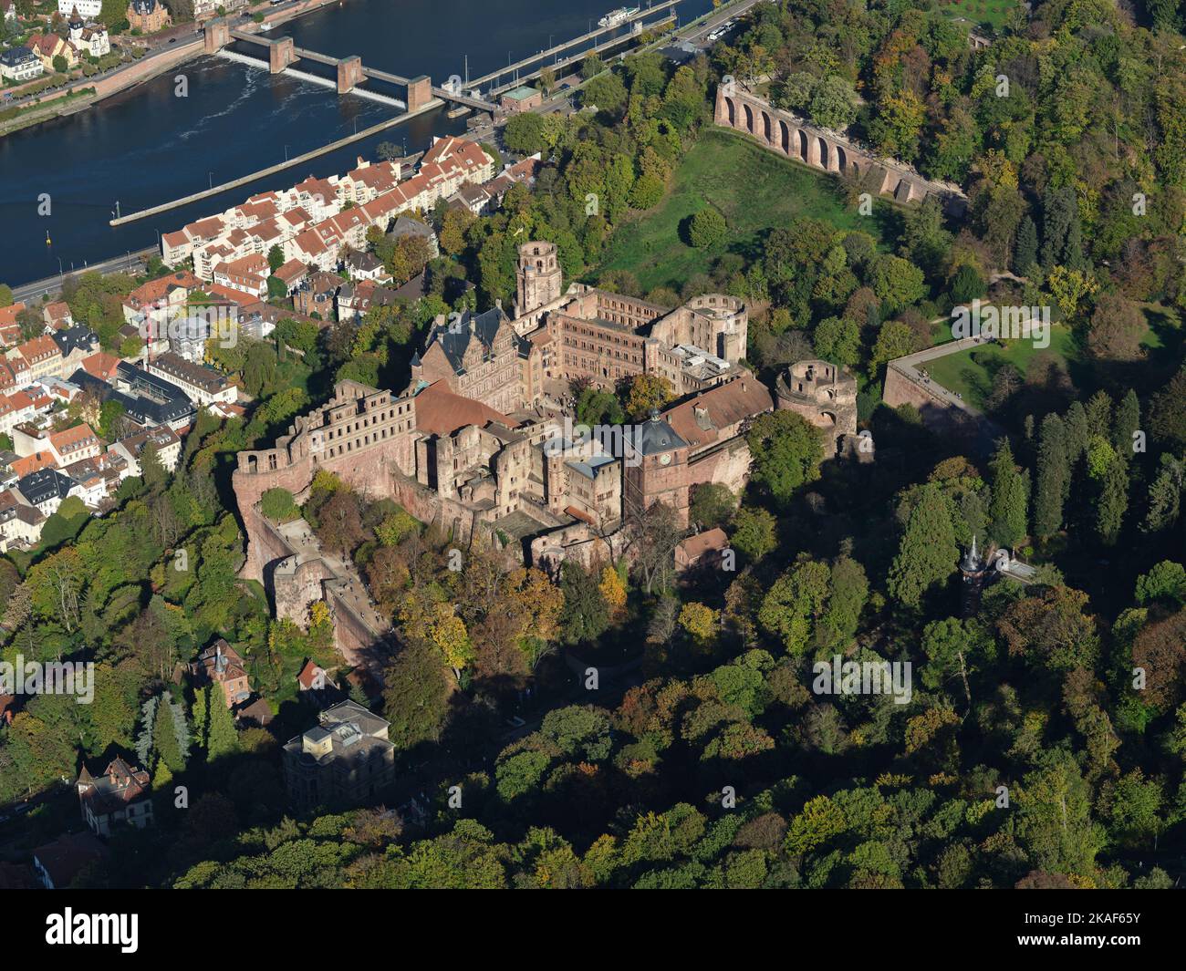 AERIAL VIEW.  The Heidelberg Castle overlooking the Old Town (Altstadt) and the Neckar River. Baden-Württemberg, Germany. Stock Photo