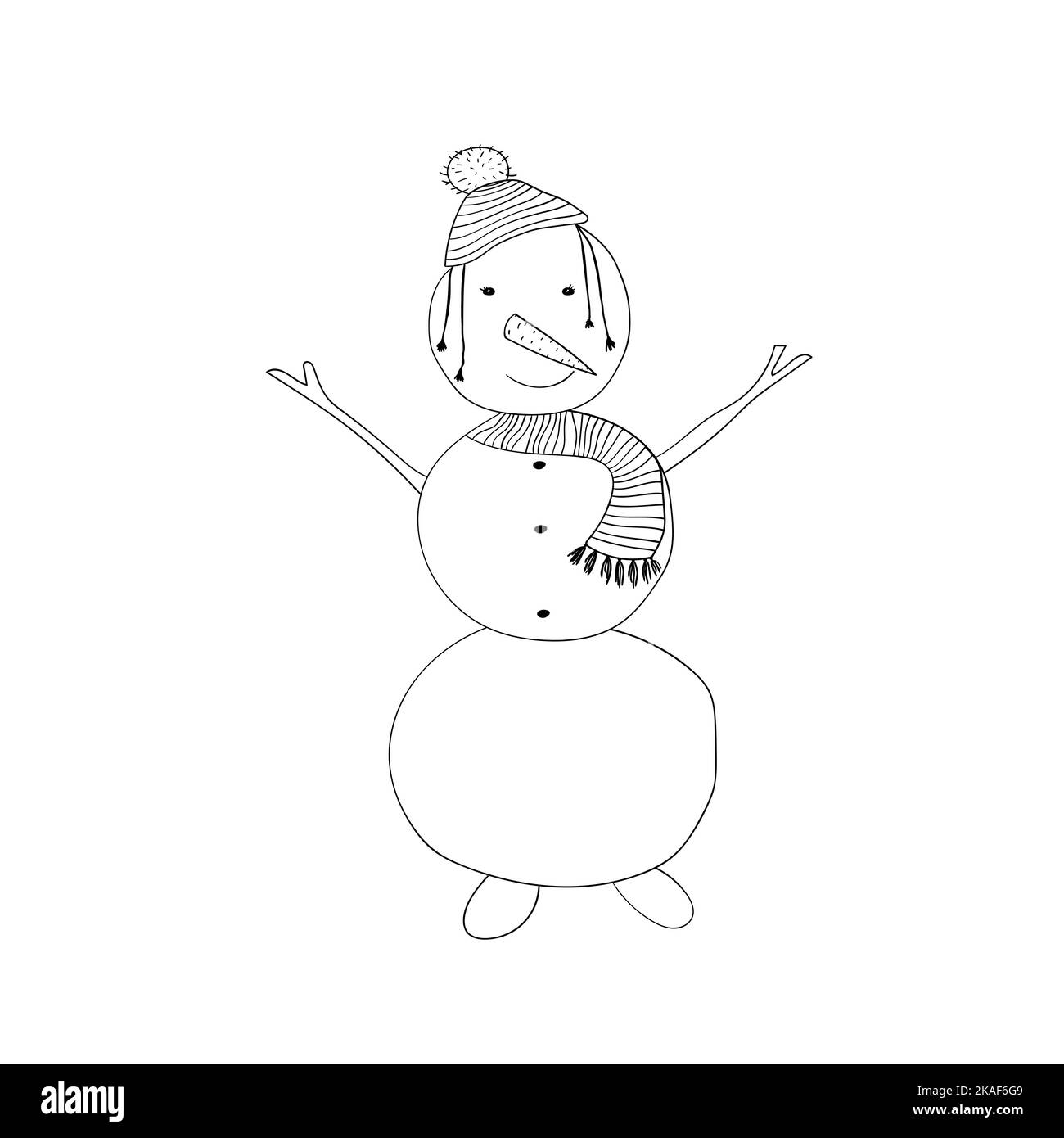Cute snowman in scarf and cap on white background. Funny cartoon character for winter design. Coloring book page. Vector illustration. Stock Vector