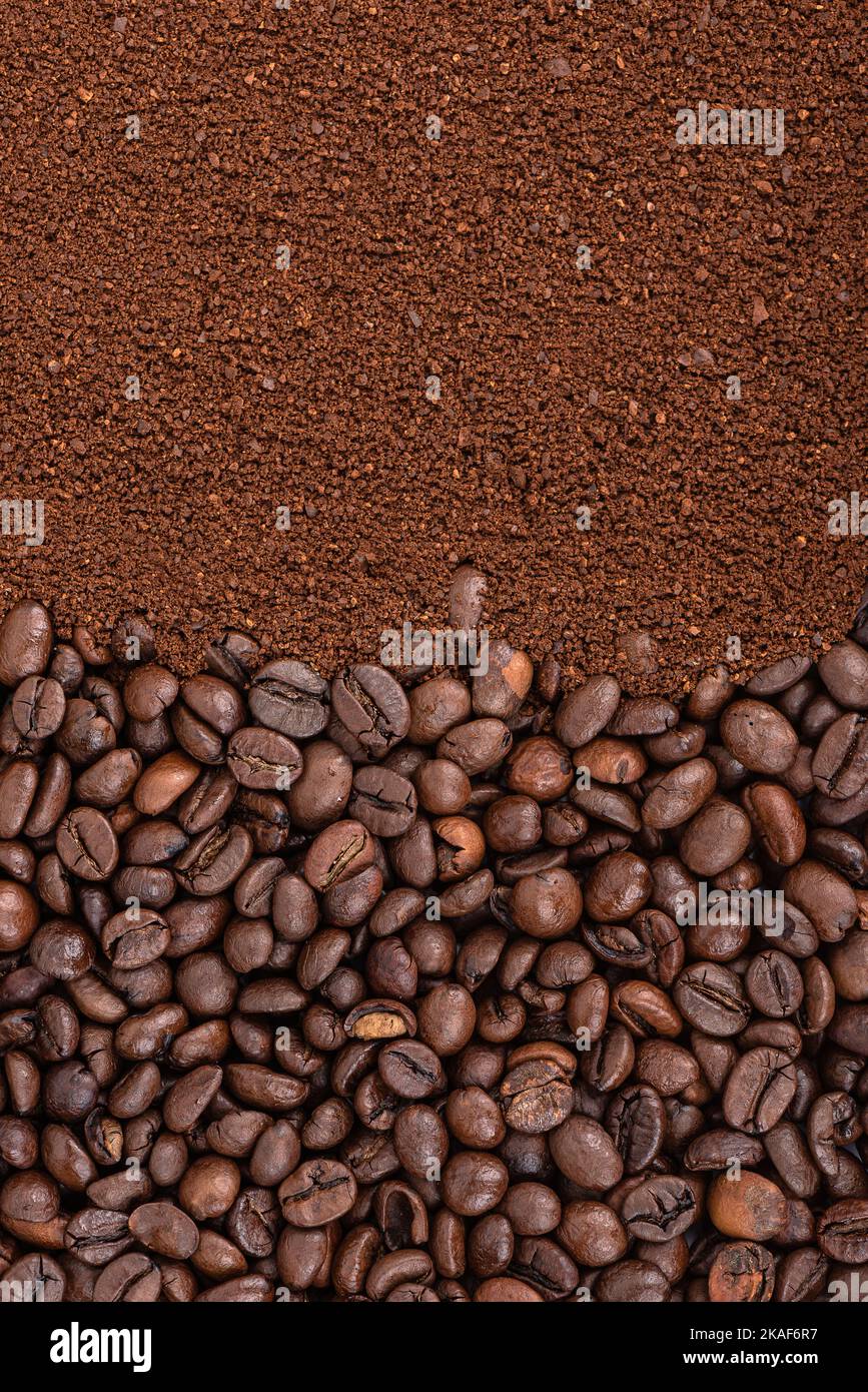 Vertical background of freshly roasted coffee beans and ground coffee ...