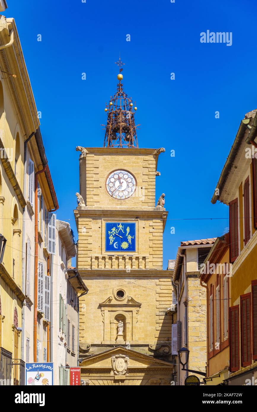 SALON DE PROVENCE, FRANCE - AUGUST 3, 2022: Ancient clock tower in the city center of Salon Stock Photo