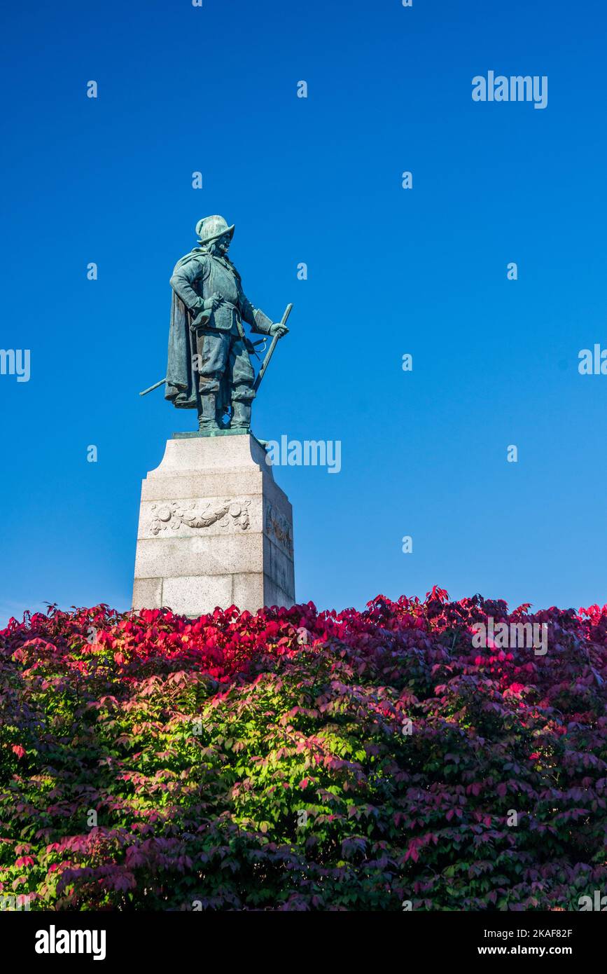 Bronze statue and monument to Samuel de Champlain in Plattsburgh in the