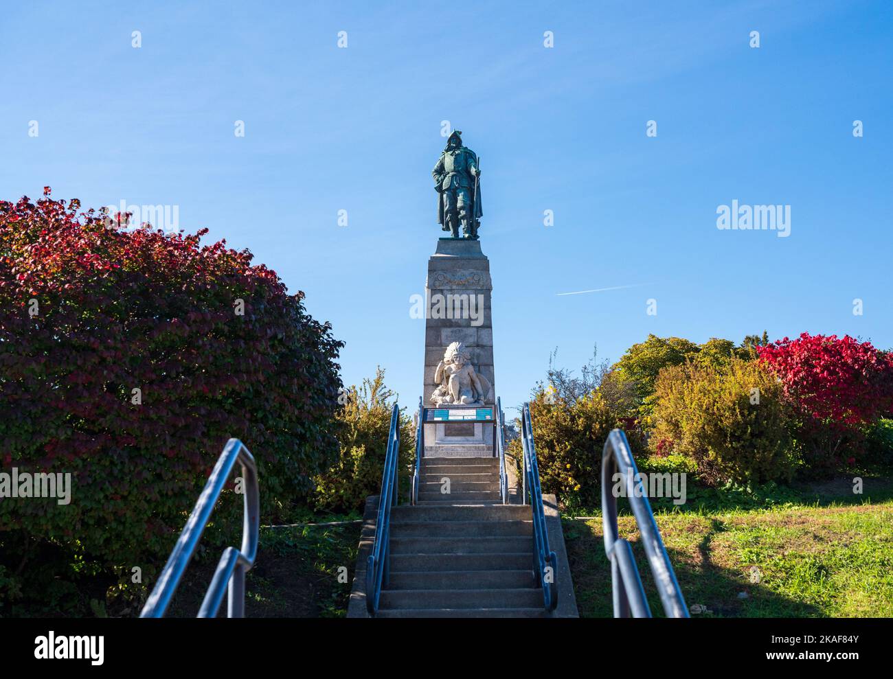 Bronze statue and monument to Samuel de Champlain in Plattsburgh in the