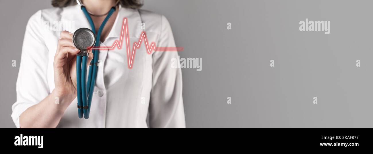 Heart ecg concept. Heartbeat line and doctor checkup on medical banner