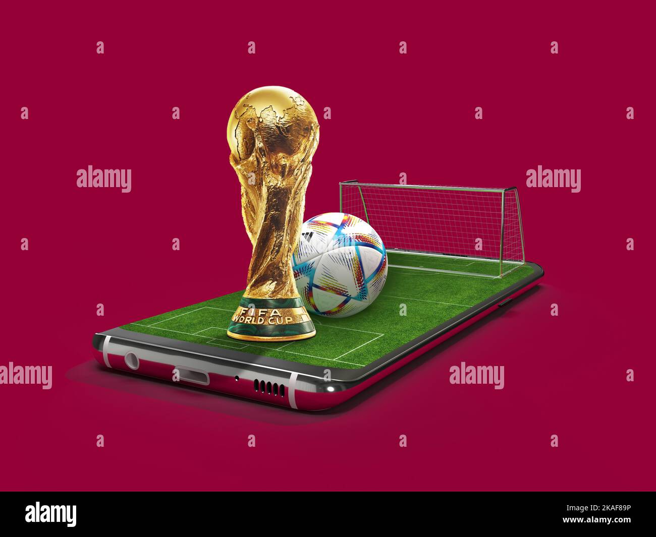 Fifa world cup 2022 Mobile football with trophy soccer. Mobile sport play match