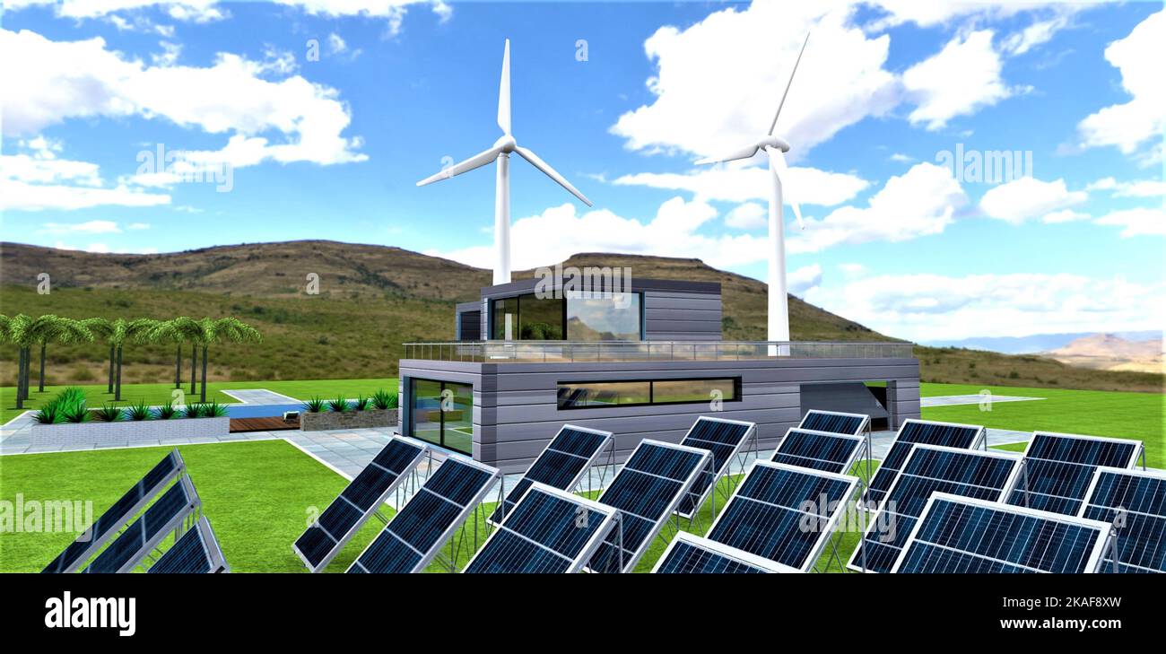 Own solar farm and two silent wind turbines on the territory of an amazing estate in the mountains in an ecologically clean area. 3d rendering. Stock Photo