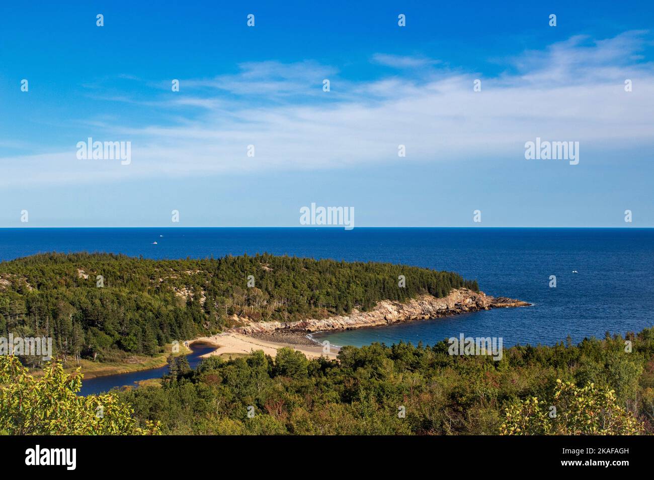 An aerial of the Acadia national park in Maine along the coastline with