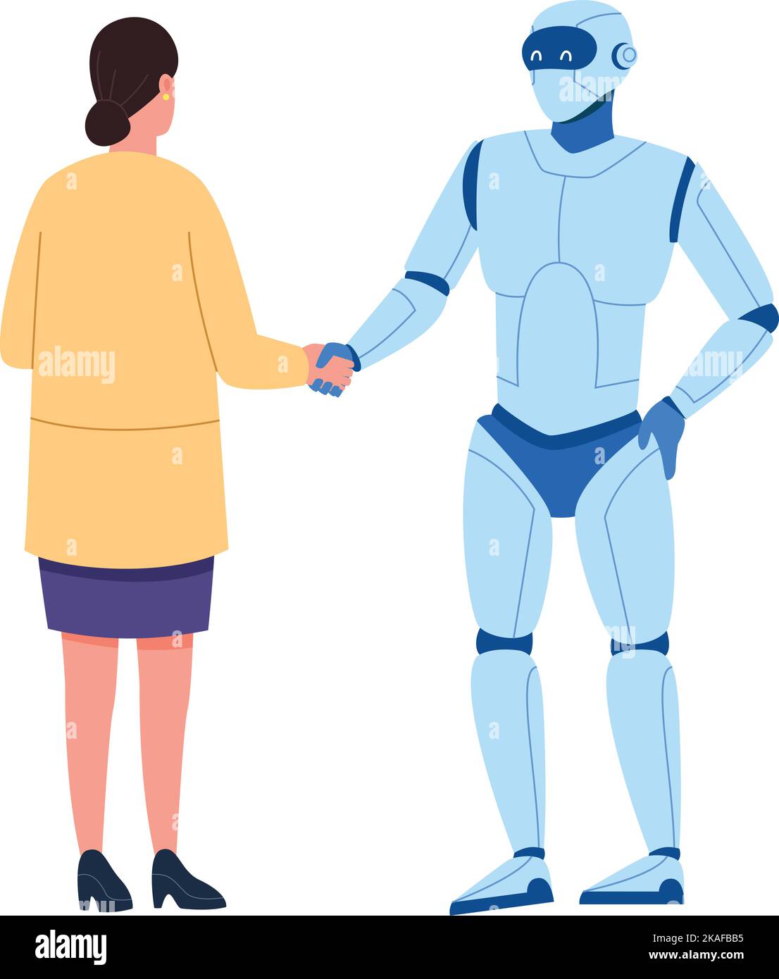 Woman shaking hands with robot. Cyber human friendship isolated on white background Stock Vector