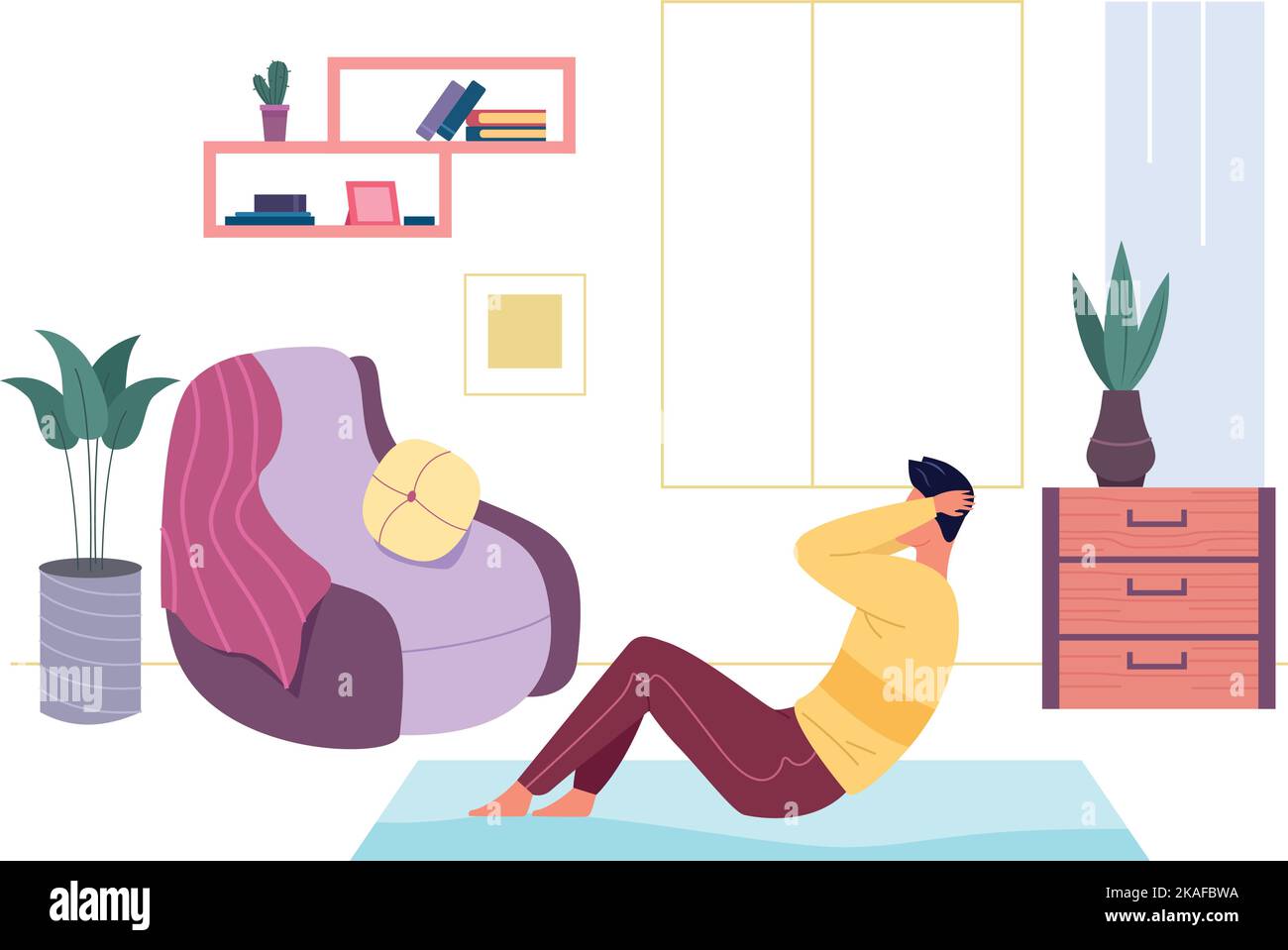 Home workout training. Man exercising on floor mat isolated on white background Stock Vector