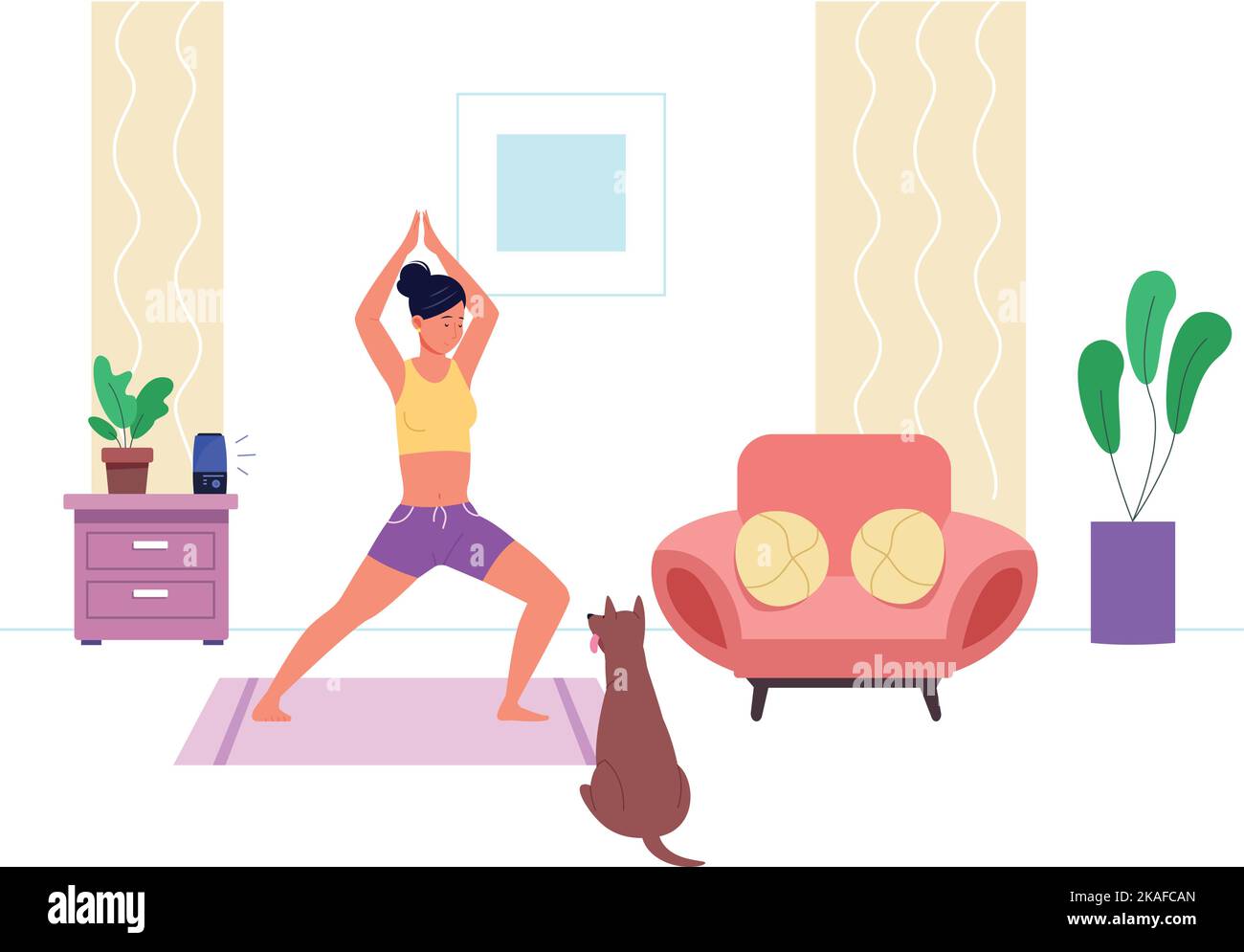 Woman doing yoga exercise in home interior. Stretching training. Vector illustration Stock Vector
