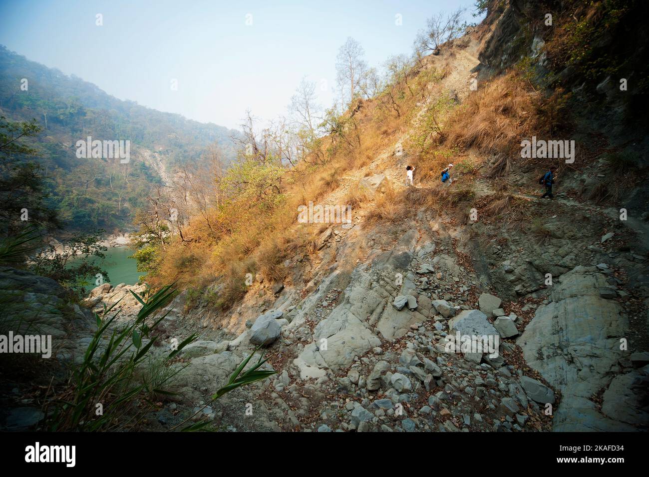 Trail on the Sarda river gorge at India/Nepal border. This trek was made famous by Jim Corbett in his book Maneaters of Kumaon, Uttarakhand, India Stock Photo