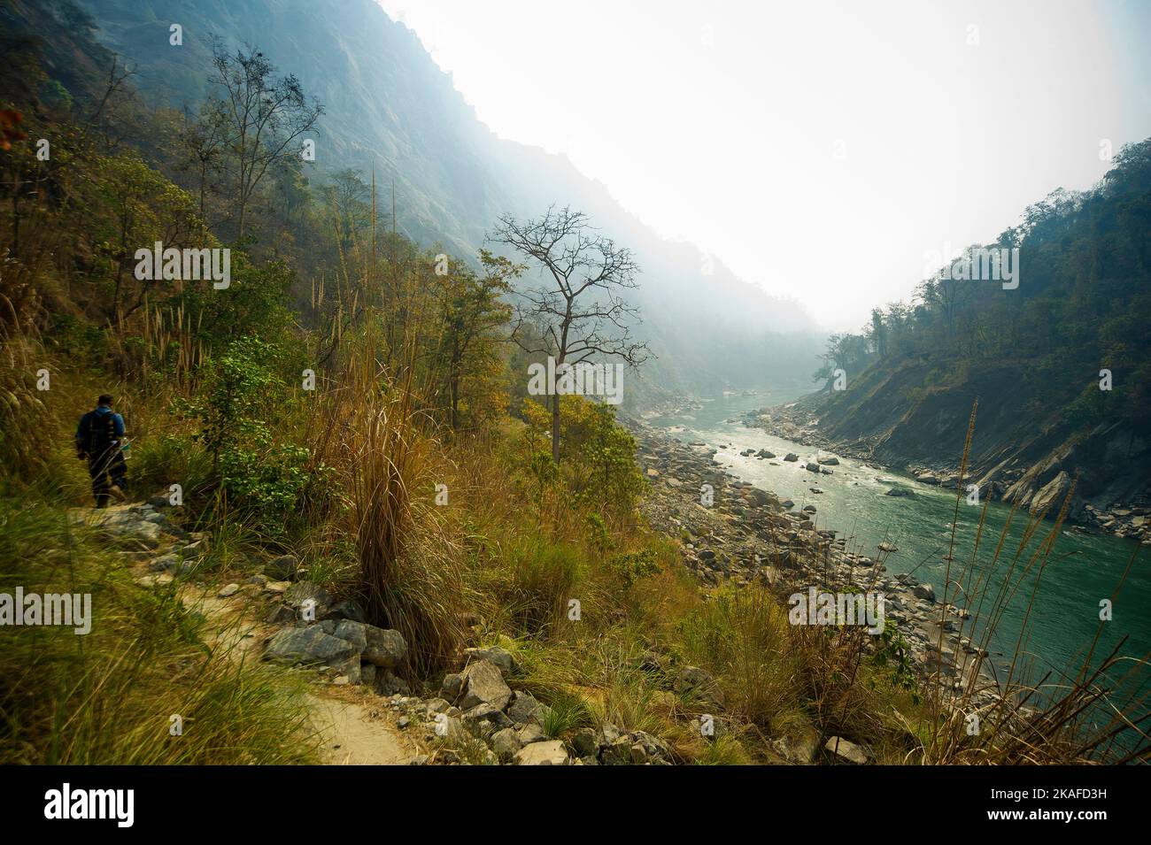 Trail on the Sarda river gorge at India/Nepal border. This trek was made famous by Jim Corbett in his book Maneaters of Kumaon, Uttarakhand, India Stock Photo