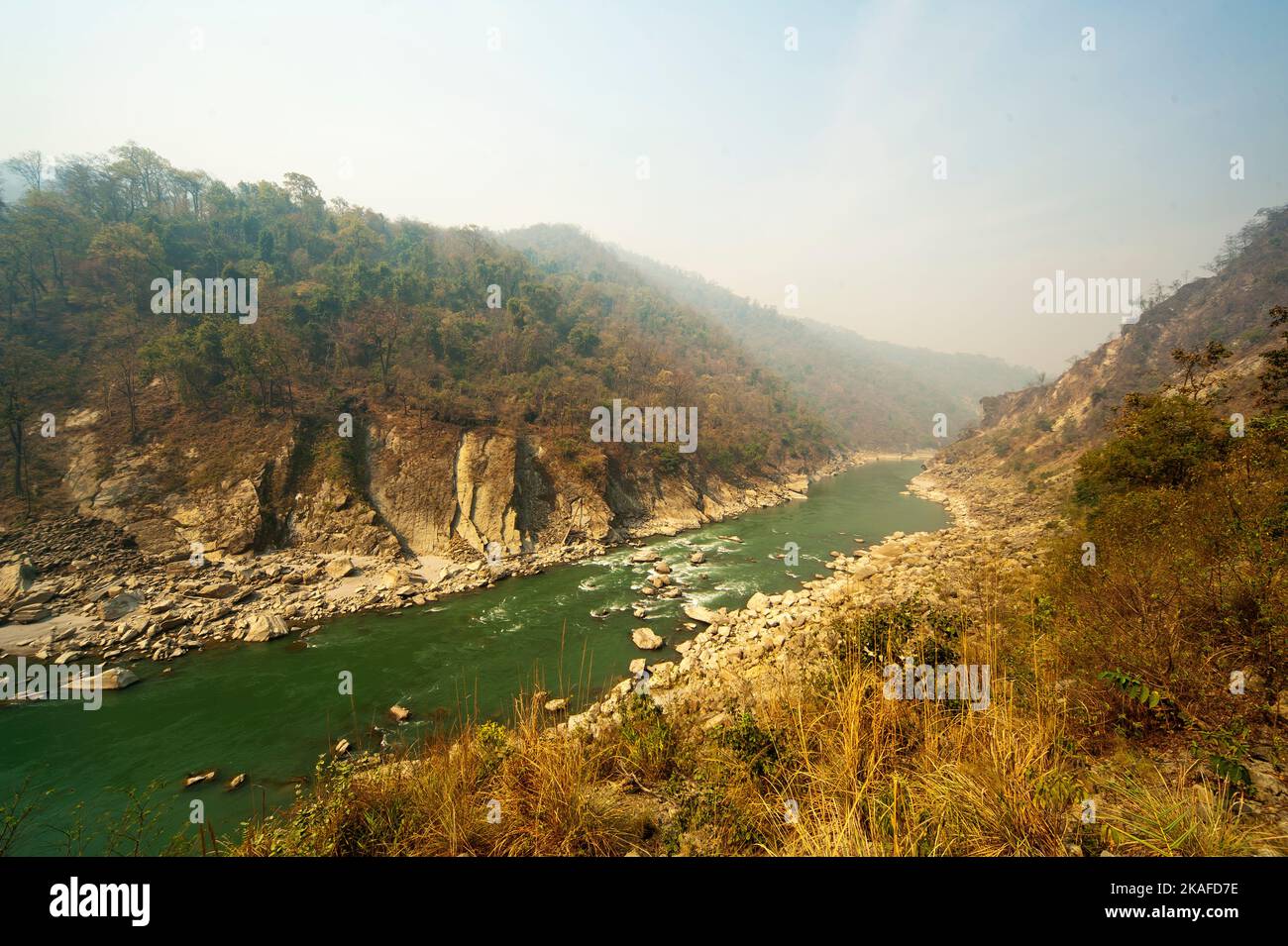 Sarda river on the India/Nepal border. This trek was made famous by Jim Corbett in his book Maneaters of Kumaon, Uttarakhand, India Stock Photo