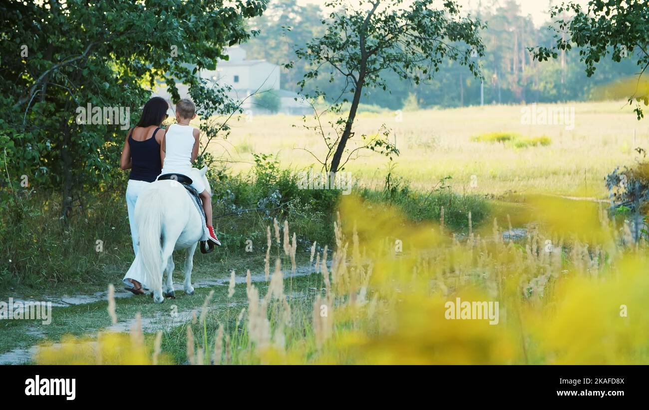 A woman and a boy are walking around the field, son is riding a pony, mother is holding a pony for a bridle. Cheerful, happy family vacation. Outdoors, in summer, near the forest. High quality photo Stock Photo