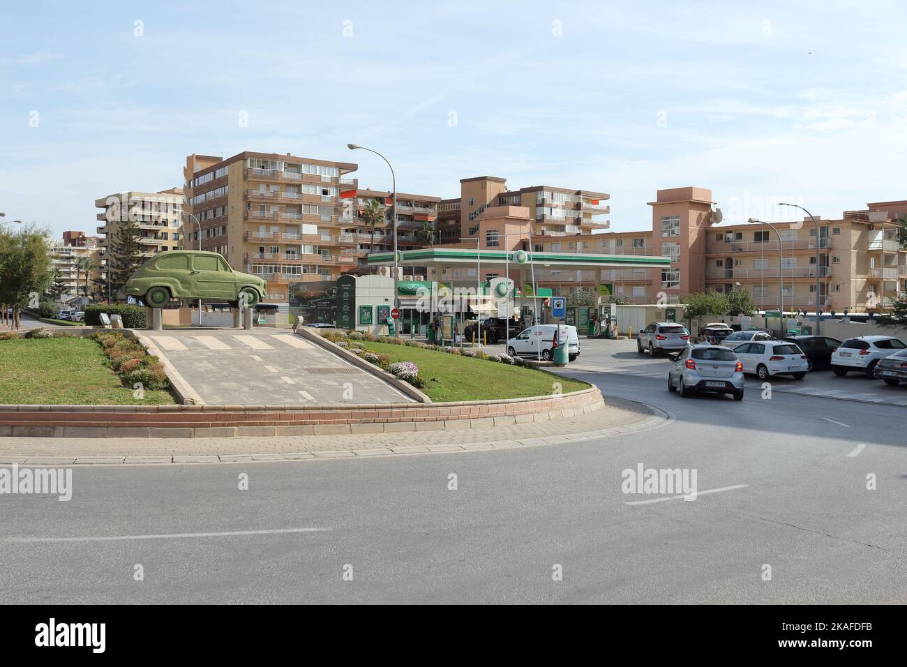 Seat 600 roundabout and BP gas station. Fuengirola, Málaga, Spain Stock