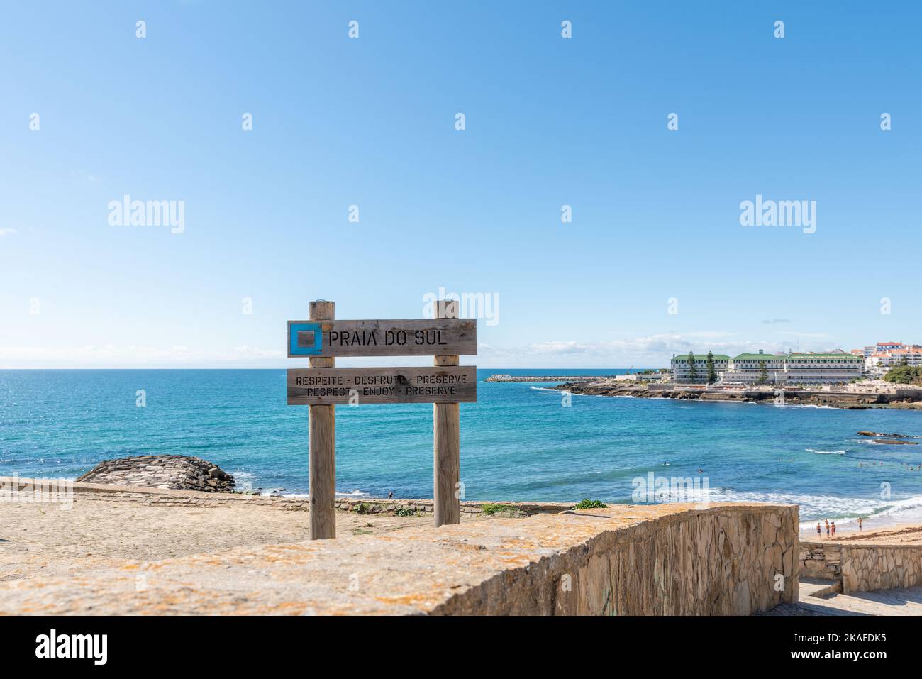 An information board on Sul beach in the tourist village of Ericeira, Portugal Stock Photo