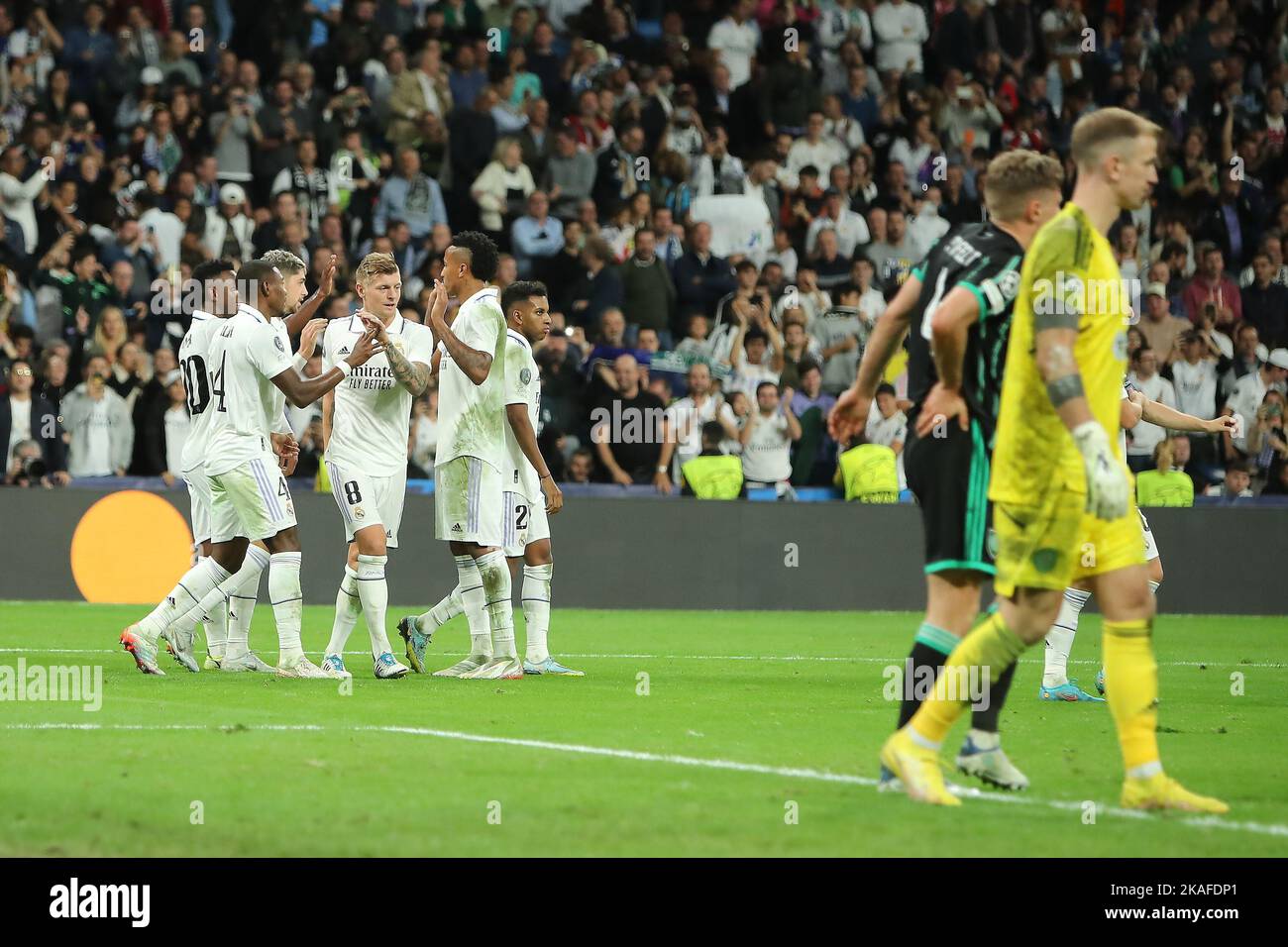 Madrid, Spain. 02nd Nov, 2022. Real Madrid players celebrate during Champions League Match Day 6 between Real Madrid and Celtic FC at Santiago Bernabeu Stadium in Madrid, Spain, on November 2, 2022. Credit: Edward F. Peters/Alamy Live News Stock Photo