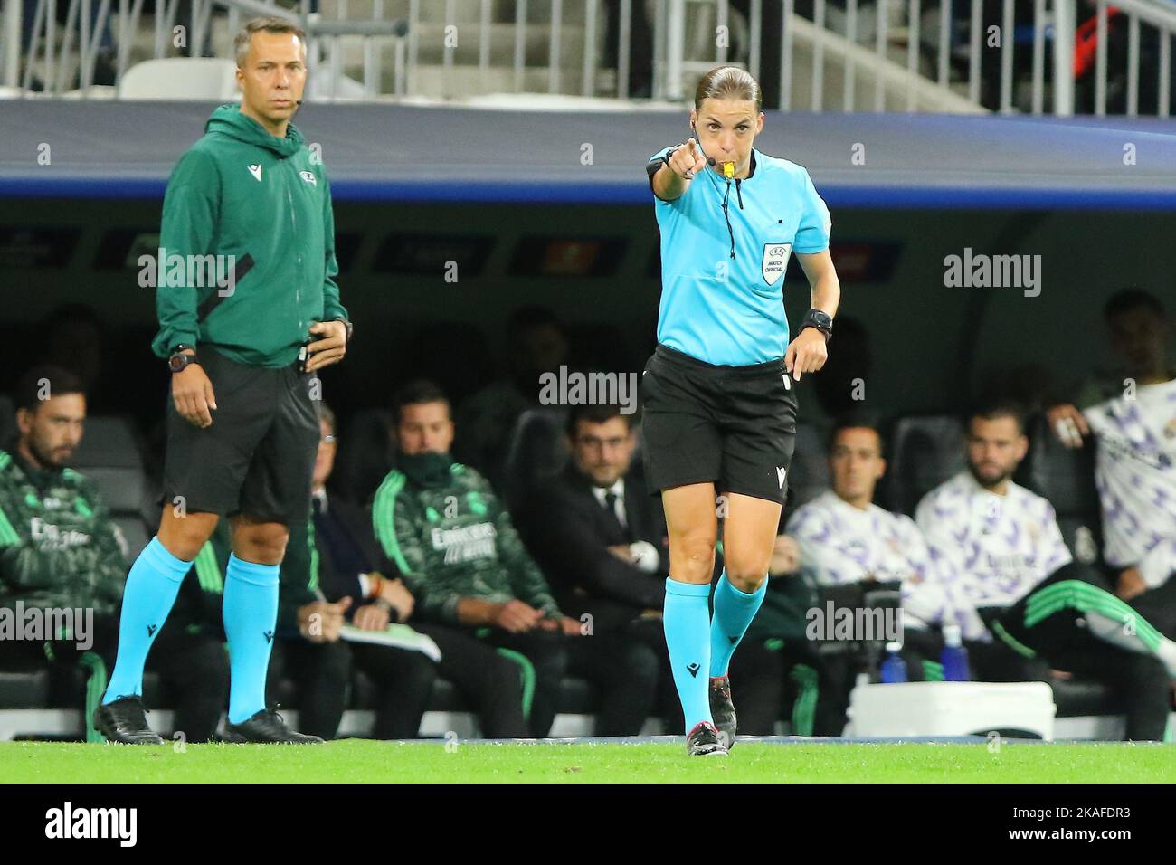 Madrid, Spain. 02nd Nov, 2022. Referee makes a VAR penalty check during Champions League Match Day 6 between Real Madrid and Celtic FC at Santiago Bernabeu Stadium in Madrid, Spain, on November 2, 2022. Credit: Edward F. Peters/Alamy Live News Stock Photo