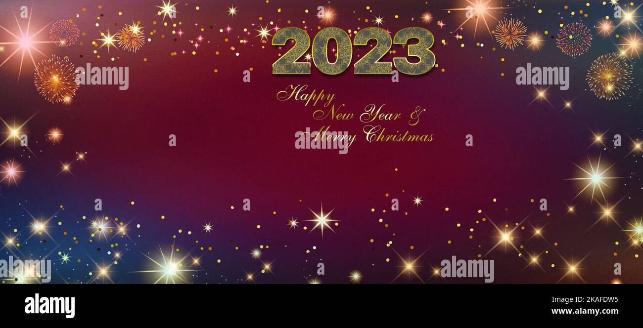 Merry Christmas and happy new year 2023 greeting card with fireworks ...