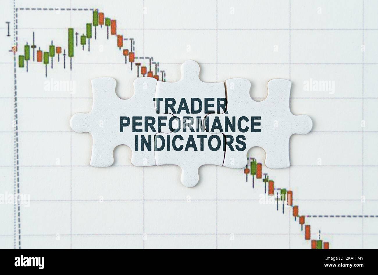 Business concept. On the quotes chart there are puzzles with the inscription - Trader Performance Indicators Stock Photo