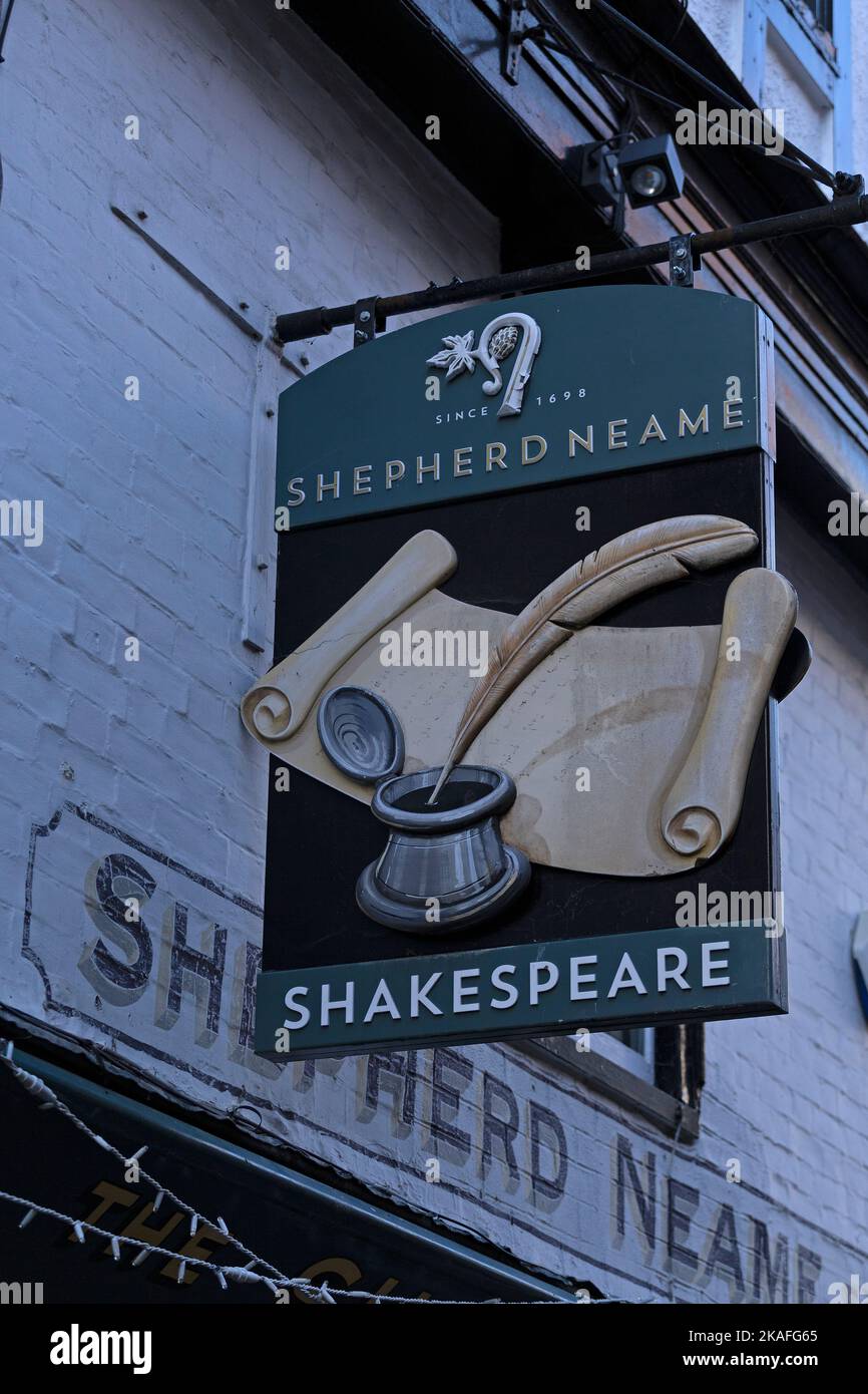 Pub sign, Shepherd Neame Shakespeare, Canterbury, Kent, England, Great Britain Stock Photo