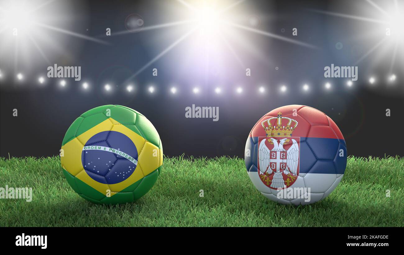 Two soccer balls in flags colors on stadium blurred background. Brazil vs Serbia. 3d image Stock Photo