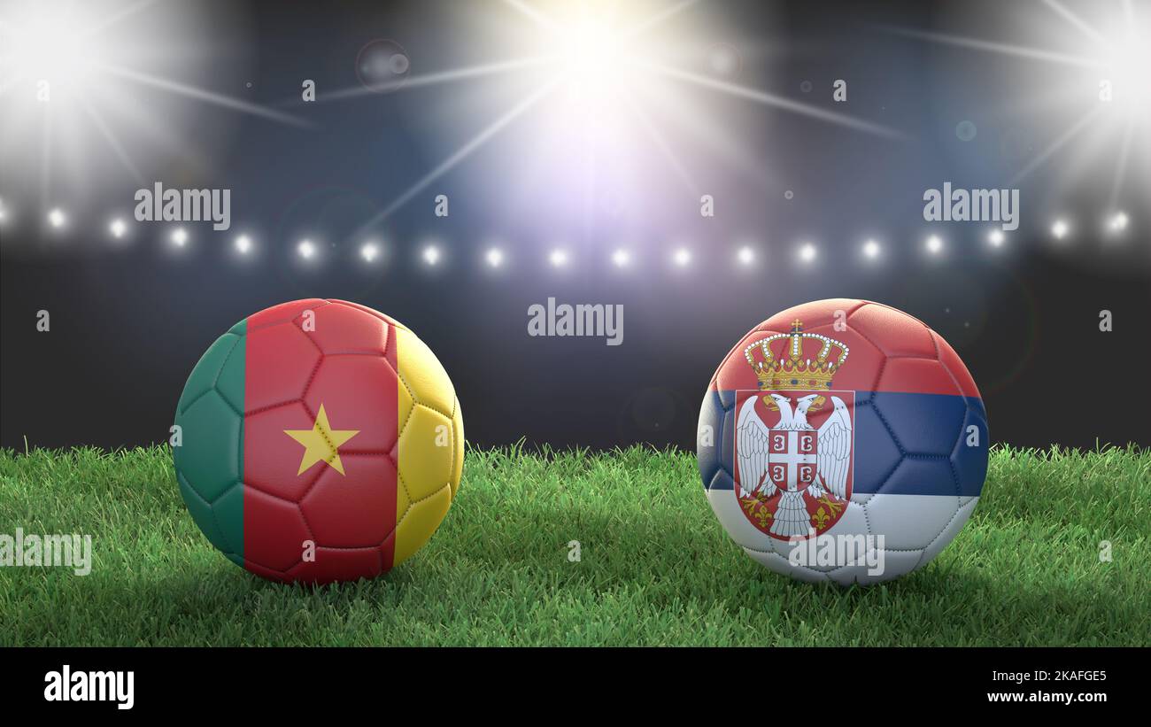 Two soccer balls in flags colors on stadium blurred background. Cameroon vs Serbia. 3d image Stock Photo