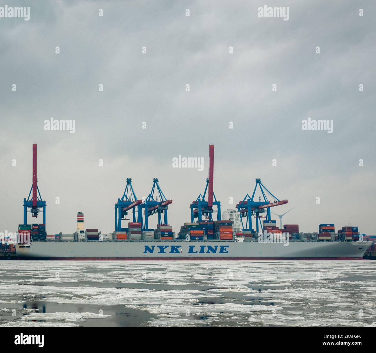 Hamburg, Germany - February 23, 2014: NYK Line Container ship in Hamburg Harbor at Container Terminal Altenwerder. Stock Photo