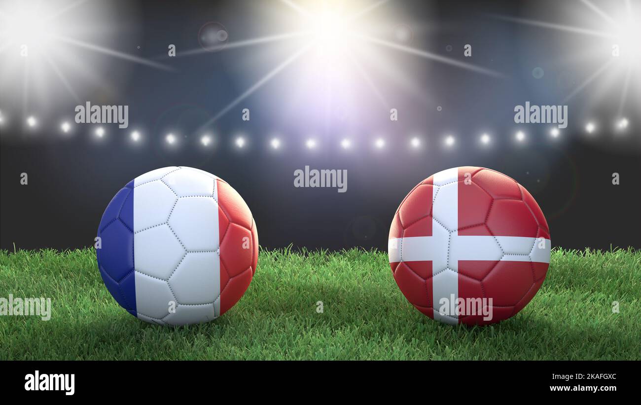 Two soccer balls in flags colors on stadium blurred background. France
