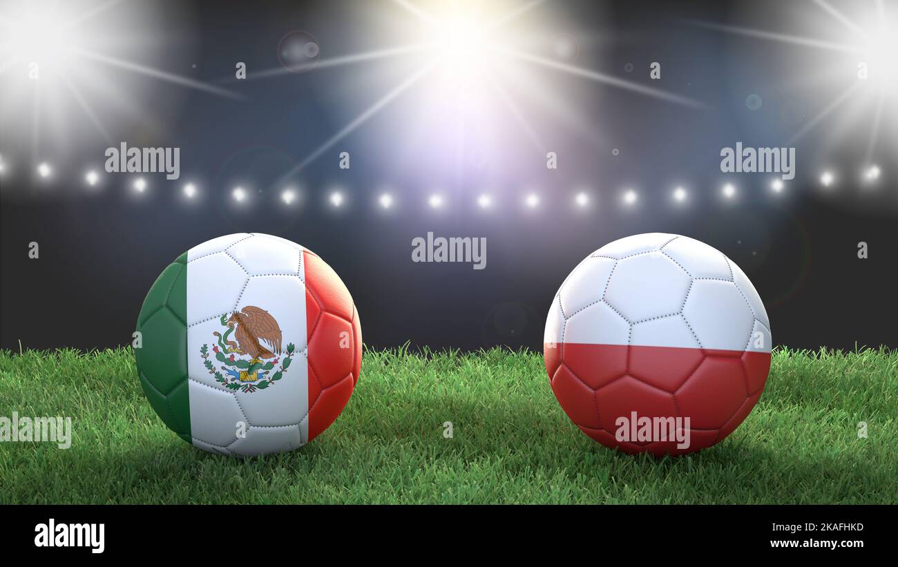 Two soccer balls in flags colors on stadium blurred background. Mexico