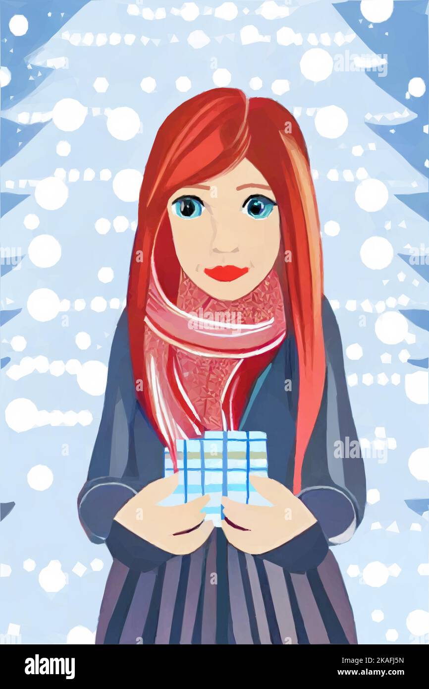 Woman with red long hair, scarf and grey pleated skirt has a Christmas present in her hands. Her hands are in arm warmers. She is standing in front of Stock Vector