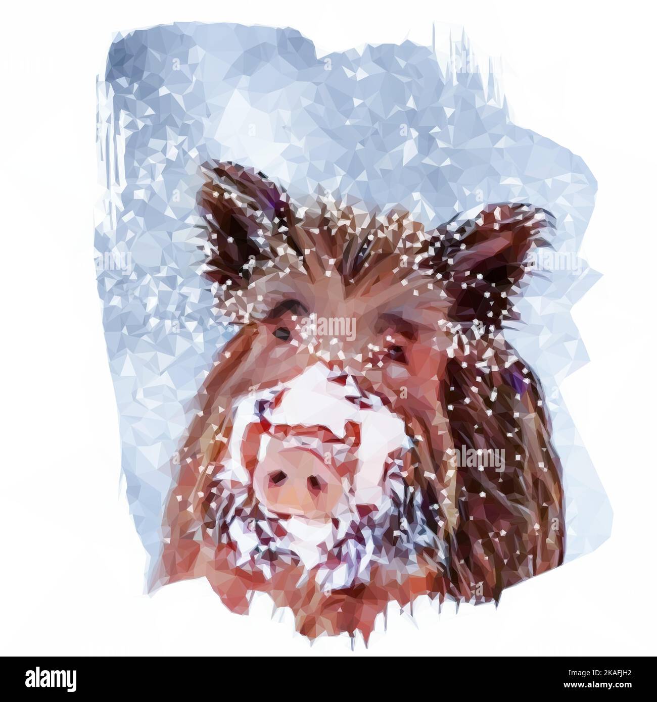 Wild boar in snow. Wild boar has snowflakes in its fur. The nose is full of snow from digging on the ground. Vector in low poly style. Stock Vector