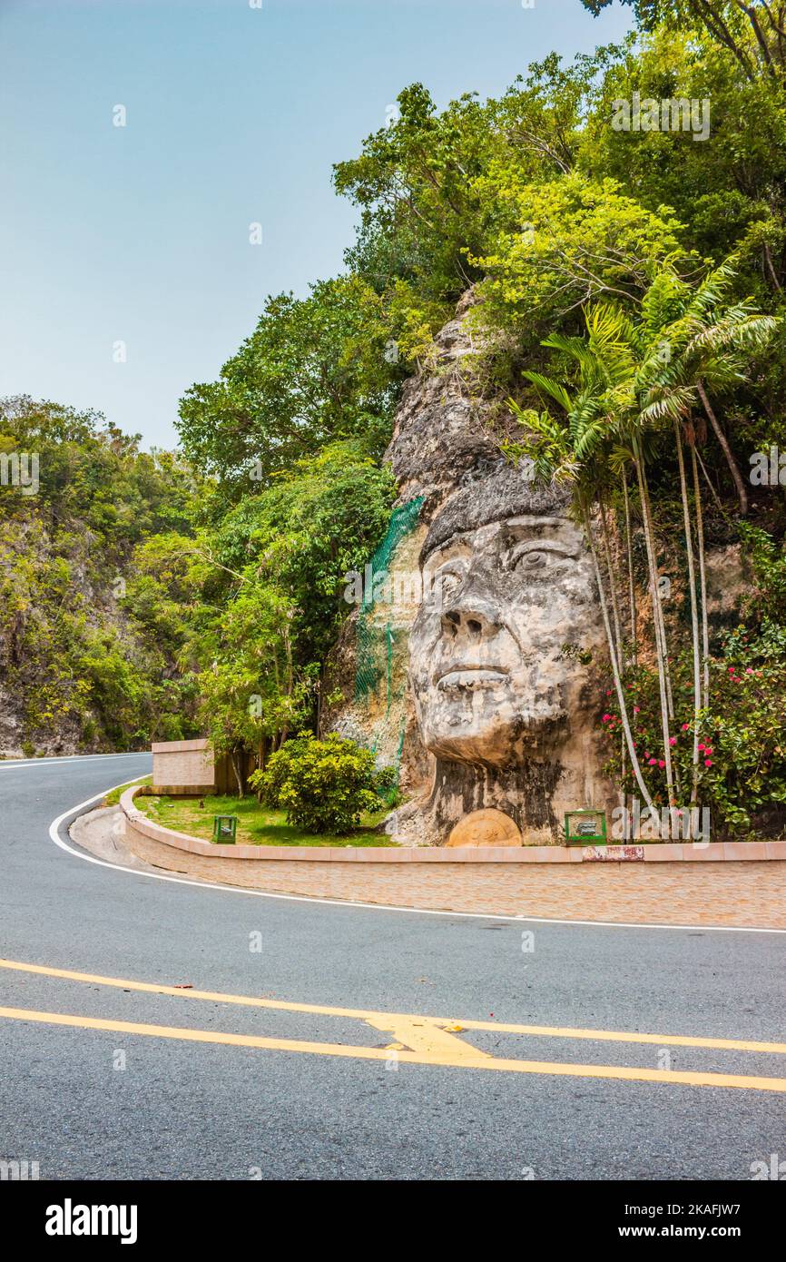A vertical shot of Cara Del Indio landmark near an asphalt road in
