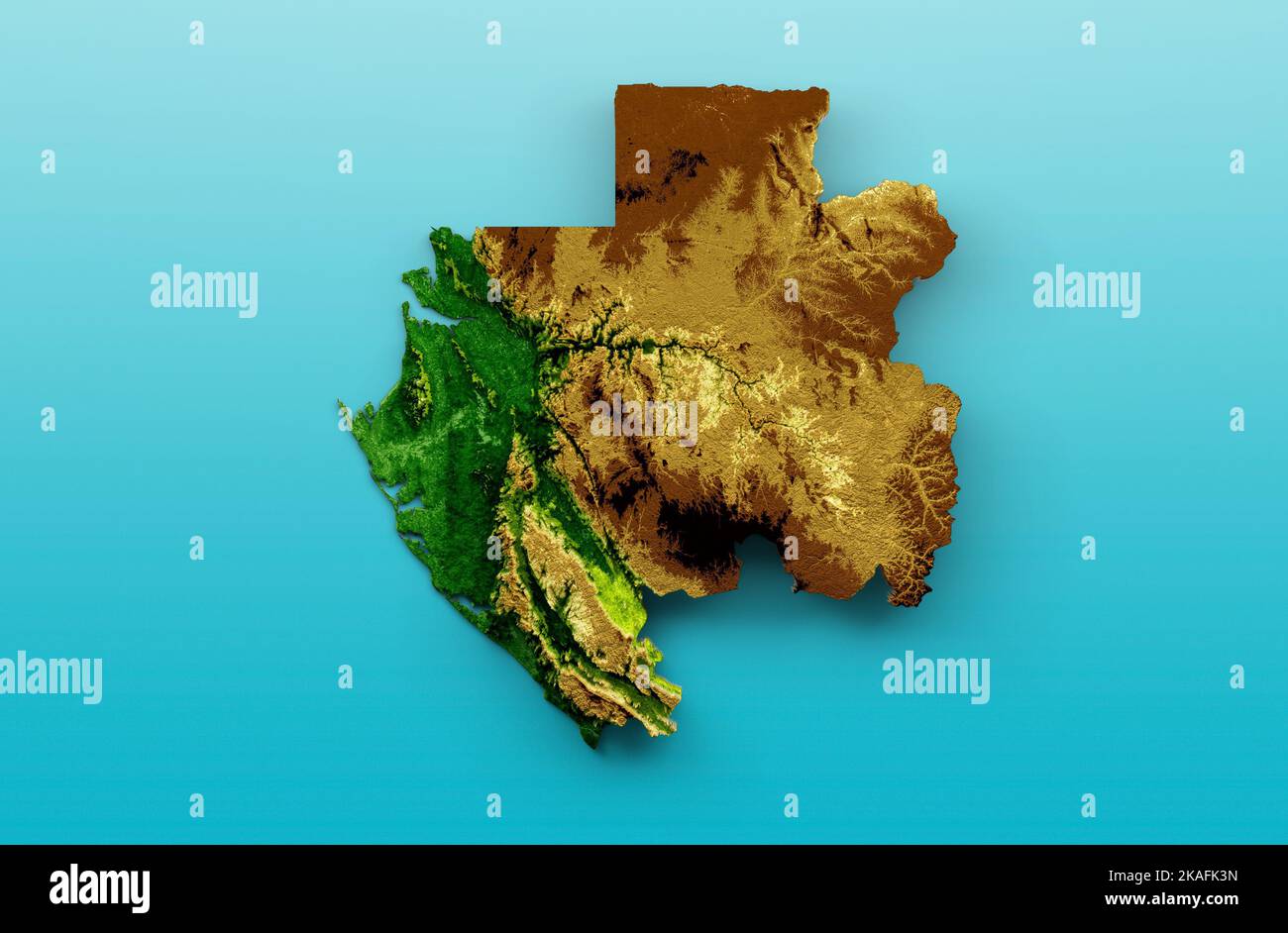 Gabon Map Shaded relief Color Height map on the sea Blue Background 3d illustration Stock Photo