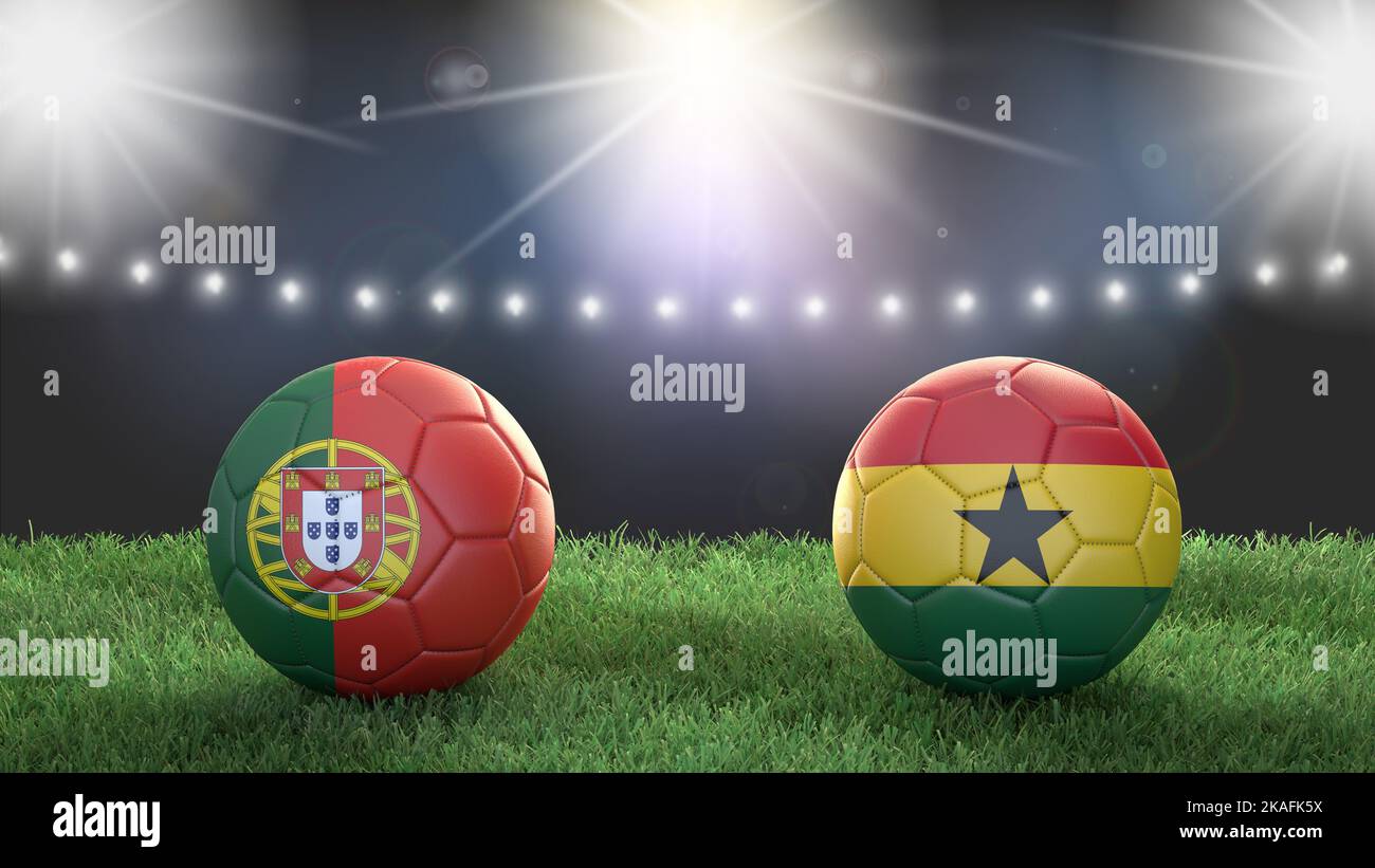 Two soccer balls in flags colors on stadium blurred background. Portugal vs Ghana. 3d image Stock Photo