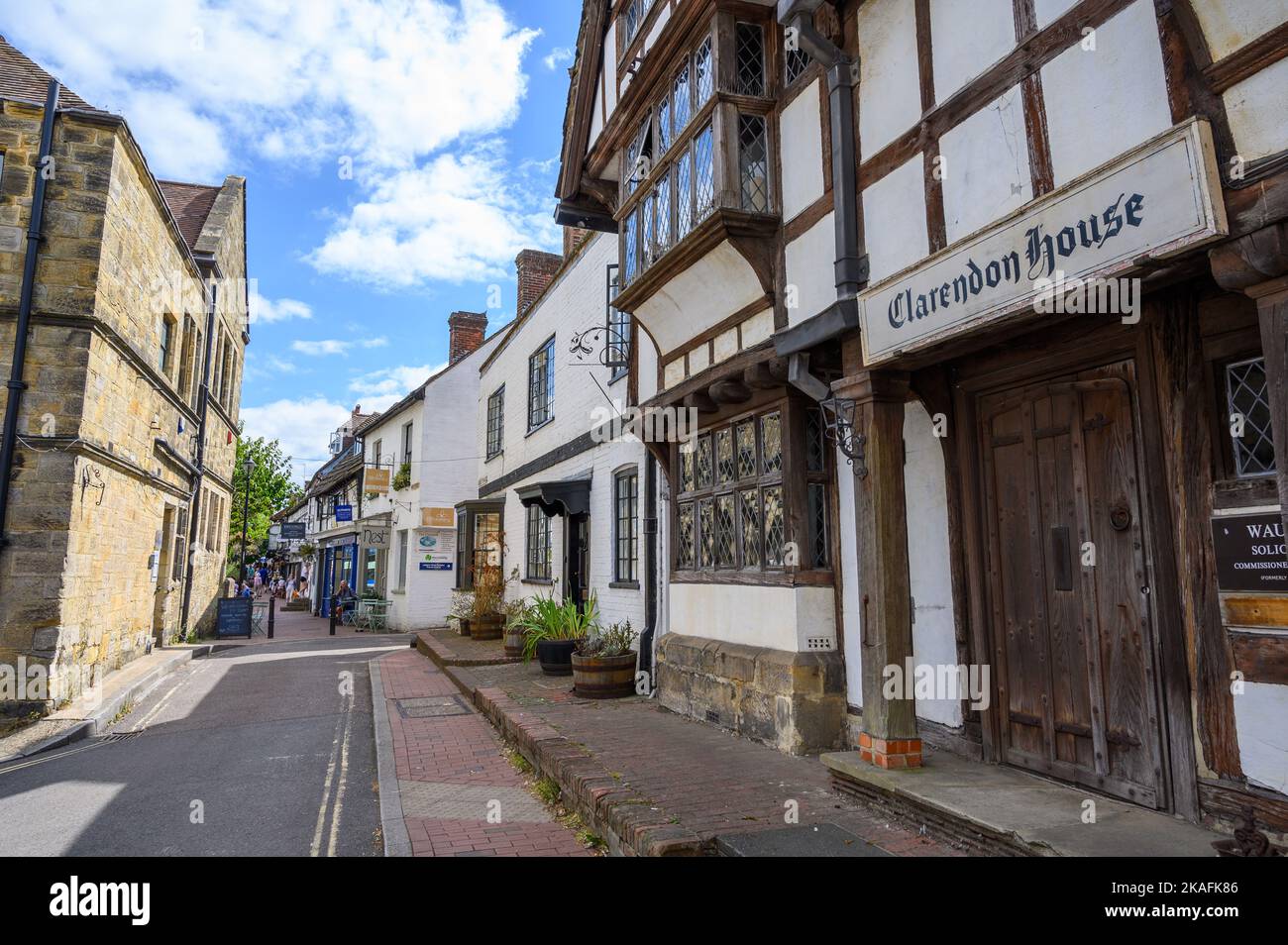 Clarendon House in Judges Terrace starts a long row of period houses, from medieval and Tudor times, High Street East Grinstead, East Sussex, England. Stock Photo
