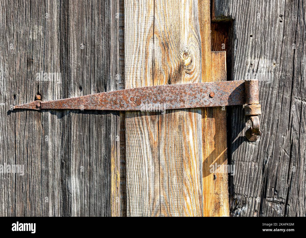 Old rusty forged metal door hinge screwed to a wooden door Stock Photo