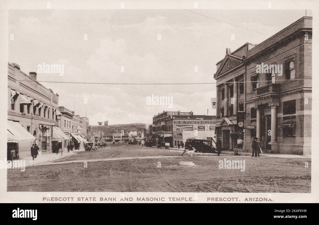 Street Scene, Prescott Arizona with Prescott State Bank and Masonic Temple, approx 1910's postcard. Brisley Drug Co pub. Stock Photo