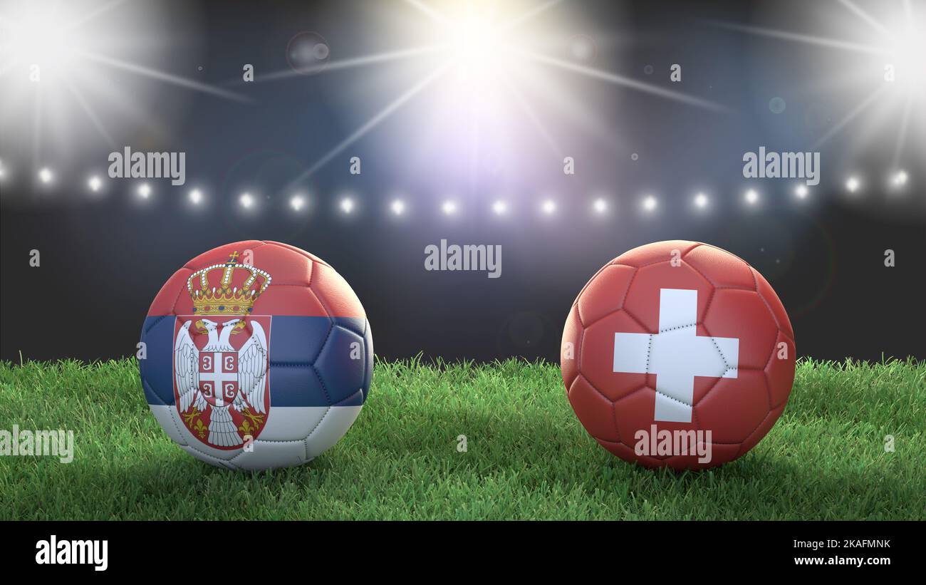 Two soccer balls in flags colors on stadium blurred background. Serbia vs Switzerland. 3d image Stock Photo