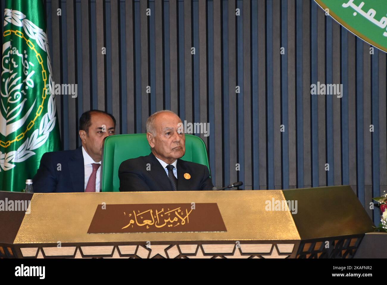 (221102) -- ALGIERS, Nov. 2, 2022 (Xinhua) -- Arab League Secretary-General Ahmed Aboul-Gheit (Front) attends the 31st Arab League (AL) Summit in Algiers, Algeria, on Nov. 2, 2022. The 31st Arab League (AL) Summit concluded here on Wednesday with the adoption of the Algiers Declaration which calls for joint action to tackle the regional and global challenges. (Algerian Presidency/Handout via Xinhua) Stock Photo