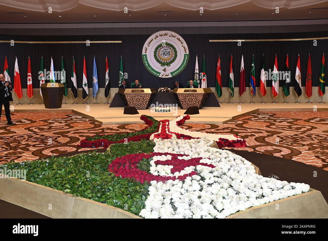 (221102) -- ALGIERS, Nov. 2, 2022 (Xinhua) -- Photo taken on Nov. 2, 2022 shows the scene of the 31st Arab League (AL) Summit in Algiers, Algeria. The 31st Arab League (AL) Summit concluded here on Wednesday with the adoption of the Algiers Declaration which calls for joint action to tackle the regional and global challenges. (Algerian Presidency/Handout via Xinhua) Stock Photo