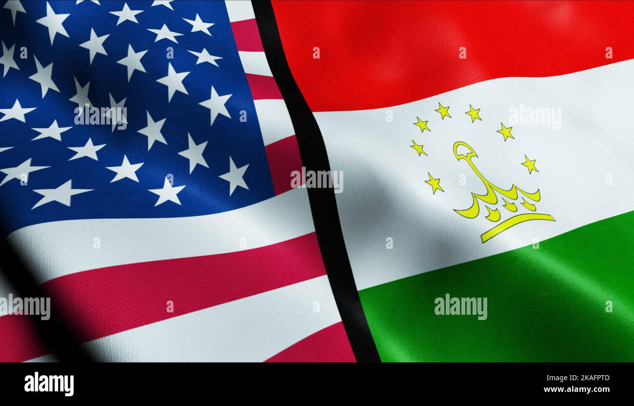 3D Waving Tajikistan and USA Merged Flag Closeup View Stock Photo