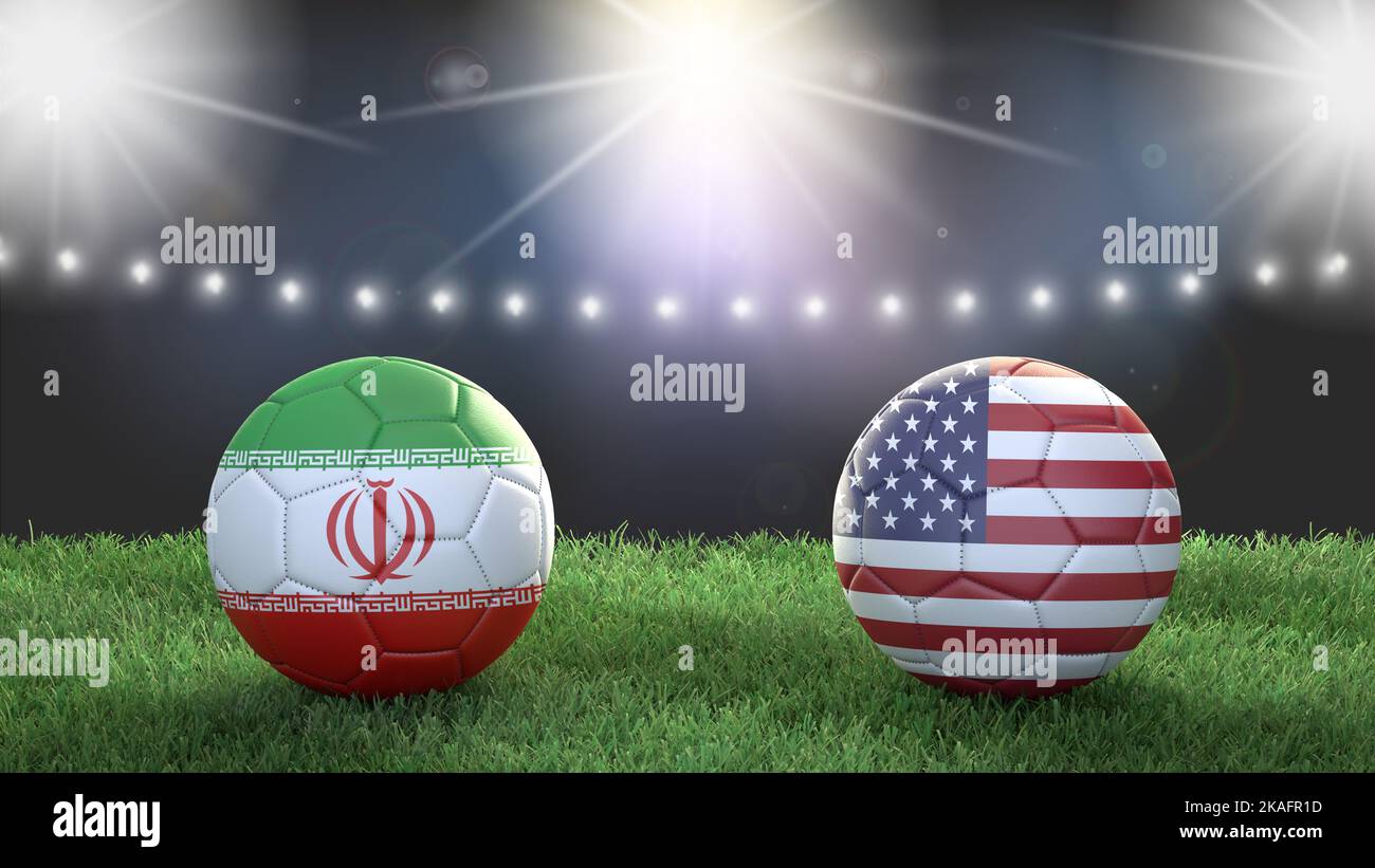 Two soccer balls in flags colors on stadium blurred background. Iran vs