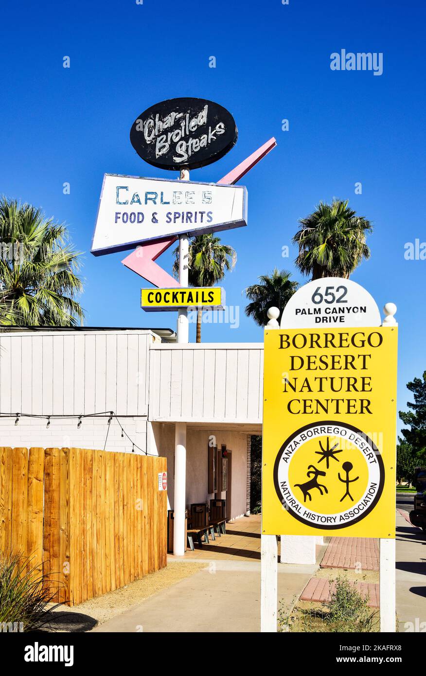 Retro sign for Carlee’s bar in downtown Borrego Springs, California. Stock Photo